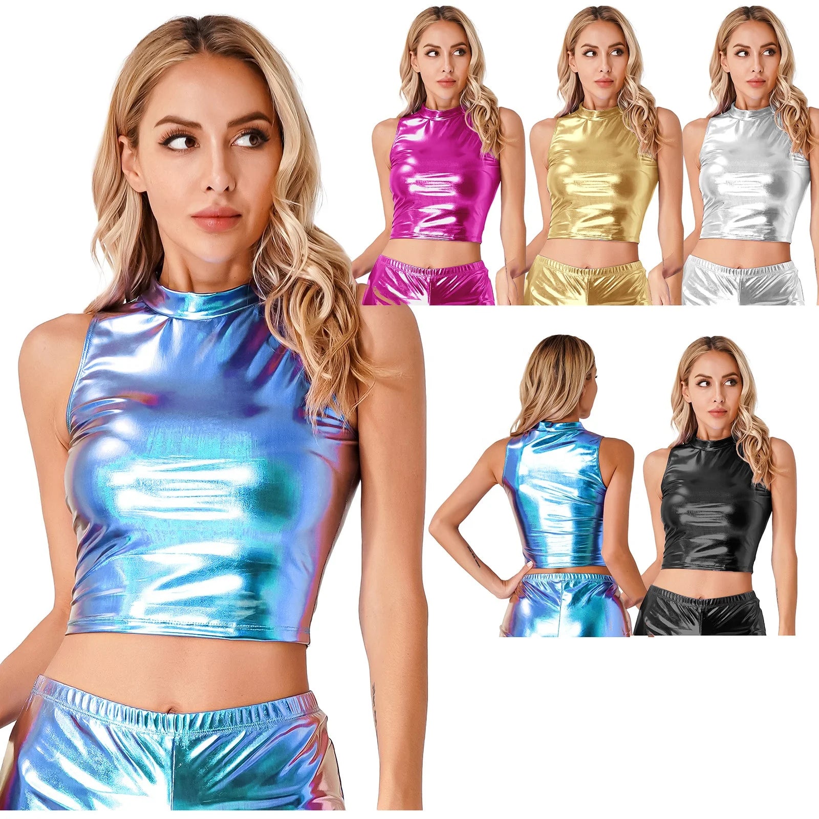 Fashion Women Shiny Latex Faux Leather Crop Tops Shirt Sleeveless Turtleneck Leather Tank Top