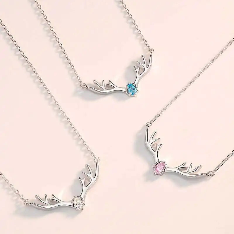 Christmas Gift Deer Antler Charm with Rhinestone Diamond Necklace with Make a Wish Card