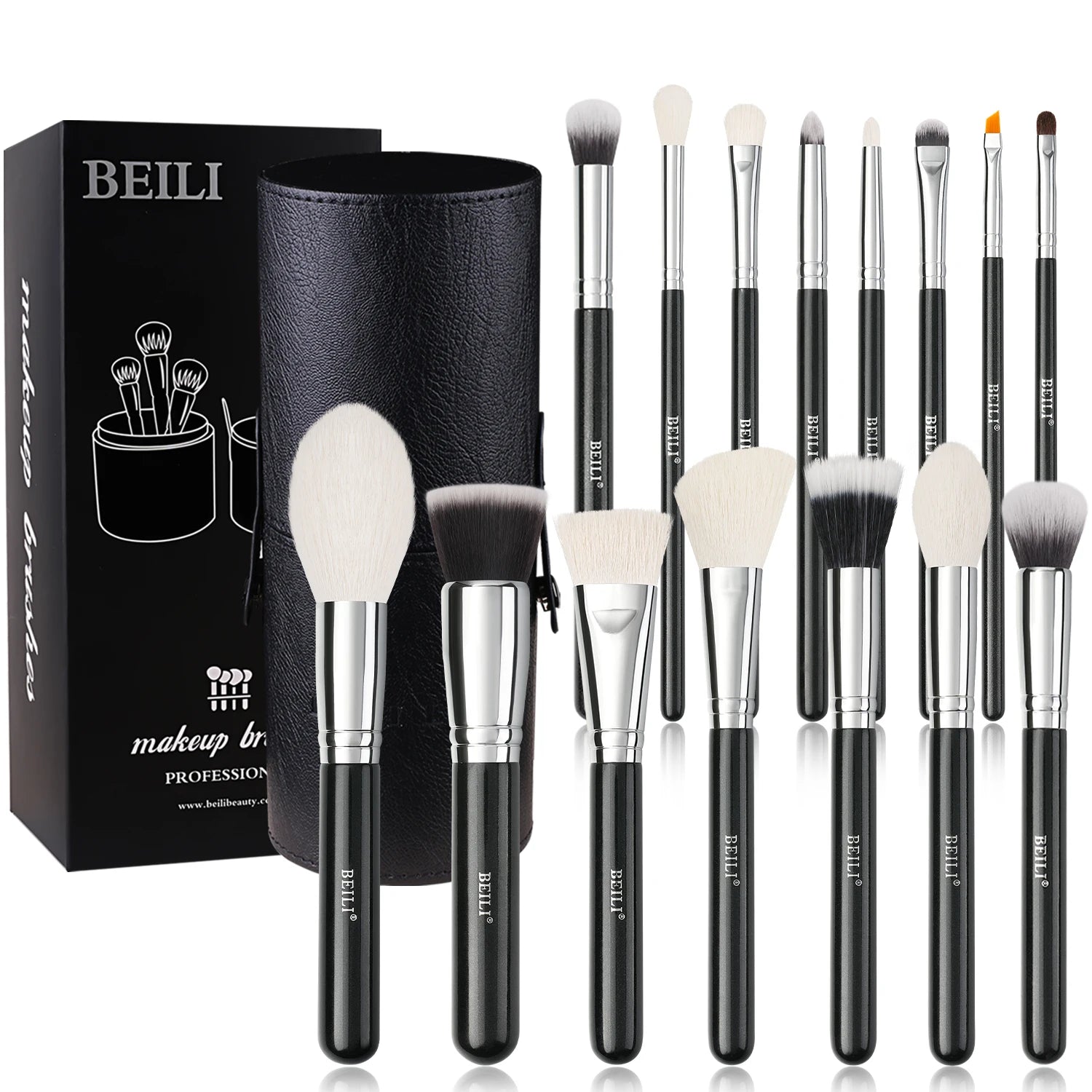 15pcs Luxury Black Makeup Brush Set with Wood Handle Custom Logo Vegan Brushes for Foundation Eyeliner Blending + Holder