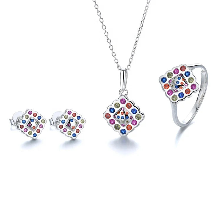 Pure Silver 925 Rhombus Jewelry Set with Colorful Stone Design for Children Jewelry