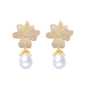 Shining Cubic Zirconia Micro Paved Flower Earrings Brazilian Gold Plated Pearl Dangle Drop Wedding Bridal Jewelry Gift for Women