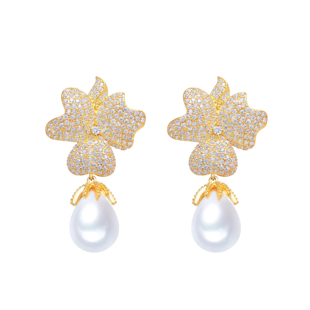 Shining Cubic Zirconia Micro Paved Flower Earrings Brazilian Gold Plated Pearl Dangle Drop Wedding Bridal Jewelry Gift for Women