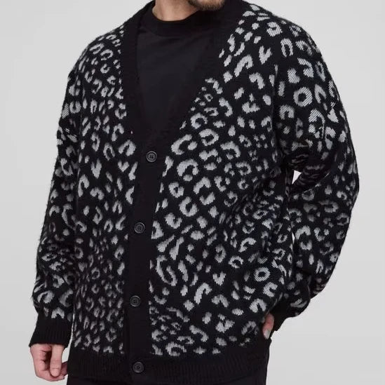 Ottoknit Leopard Print Cardigan Men Streetwear Style Drop Shoulder Men's Fuzzy Cardigan