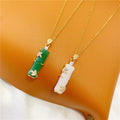Real Gold Plated Stainless Steel Long Bamboo Shape Charm Pink Natural Jade Pendant Necklace for Women Girls Jewelry