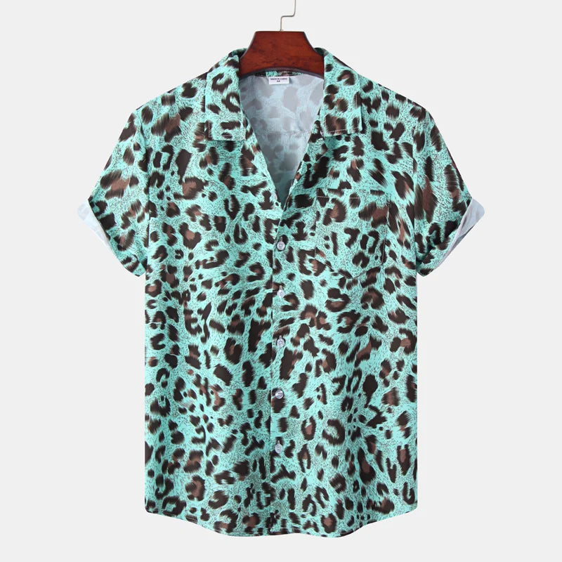 Sexy Leopard Print Mens Hawaiian Shirt 2023 Summer New Short Sleeve Quick Dry Beach Shirts Men Holiday Aloha Rock Party Shirt