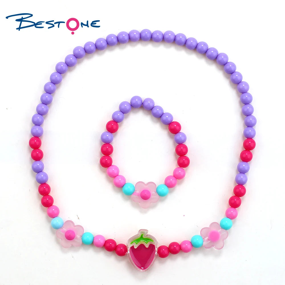 Bestone Girls Acrylic Strawberry Character Necklaces Bracelet Kids Fashion Jewelry Set Necklaces for Kids