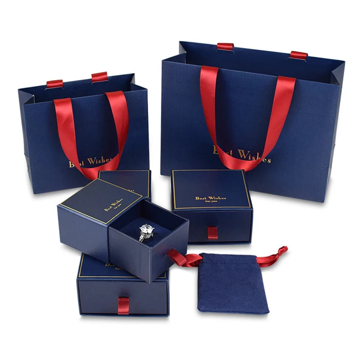 Eco Friendly Luxury Christmas Printed Paper Craft Gift Drawer Box Blue Paper Jewelry Boxes