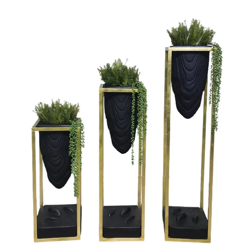 Fiberglass Planter Flower Pot for Plants Unique Wood Grain Planters with Holder Frame Modern Carton Decorative Light Weight