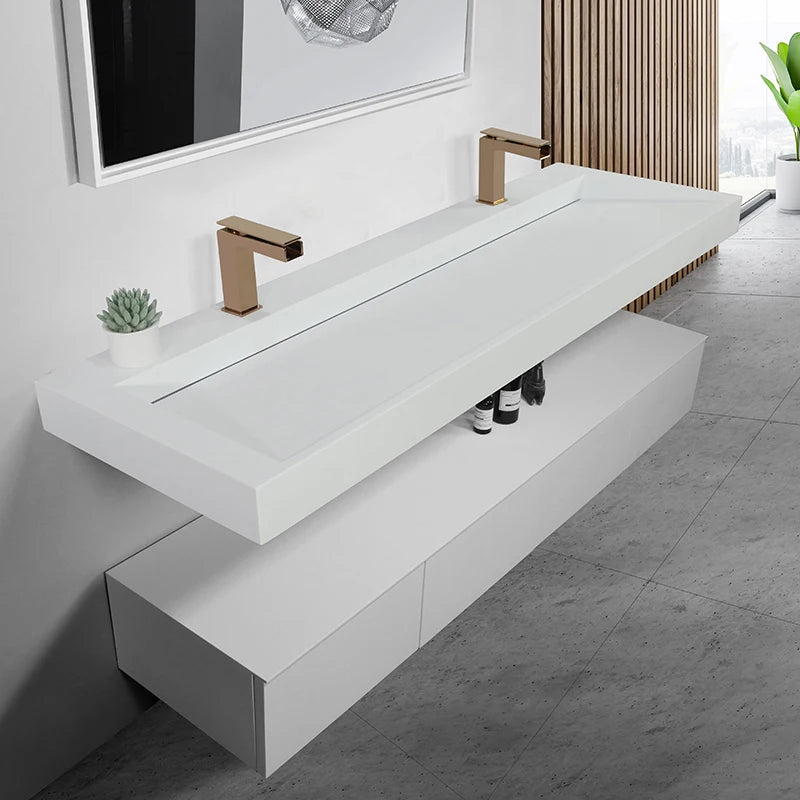 Kkr Modern Solid Surface High End Wall Hung Hotel Basin with Drainer Marble Look CUPC Certified