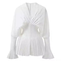 Casual Blusas 2025 Spring Summer Female Lantern Full Sleeve Tops Blouses Elegant Women Loose White V-Neck Pleated Shirts