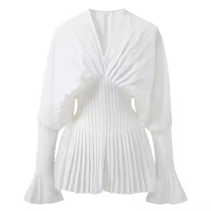 Casual Blusas 2025 Spring Summer Female Lantern Full Sleeve Tops Blouses Elegant Women Loose White V-Neck Pleated Shirts
