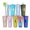 Pineapple Studded Mug Stud Cup Crystal Tumbler with Straw Shinny Color Changing Insulated Plastic Creative PS Reusable Grid 24oz