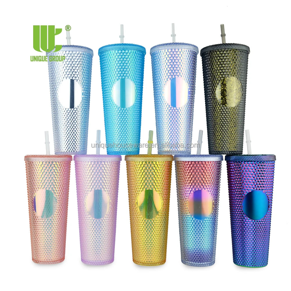 Pineapple Studded Mug Stud Cup Crystal Tumbler with Straw Shinny Color Changing Insulated Plastic Creative PS Reusable Grid 24oz