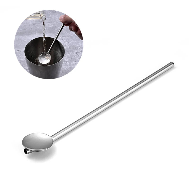 Stainless Steel Spoon With Straw Long Handle Mixing Spoon Straws Stirrer Bar Tools Multifunction Cocktail Spoons Straws