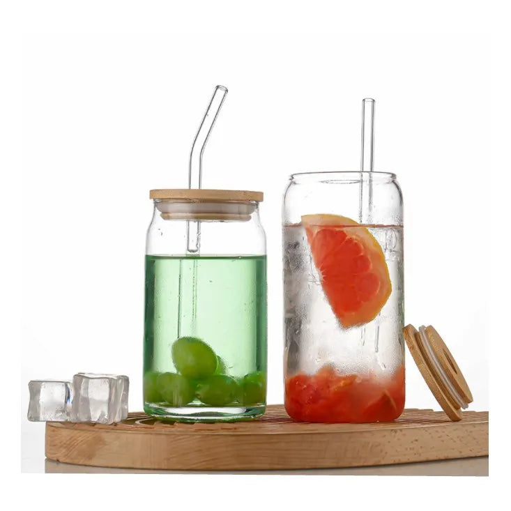 Transparent Glass Can Beer Can Shaped Glass with Bamboo Lids and Straw