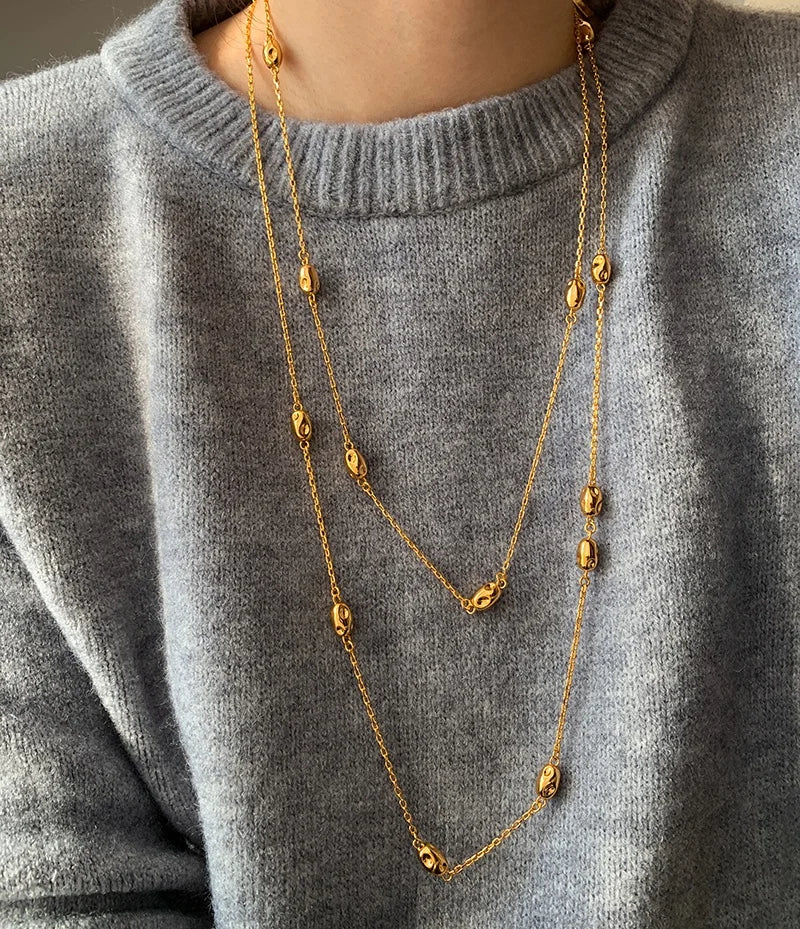 Personalized Fashion Brass Plating 18k Gold Small Ball Double Stacked Long Sweater Chain for Woman