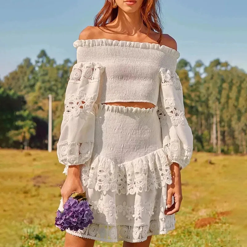 Fashionable French Lady Style 2024 Summer New One-shoulder Embroidered Top Ruffled Skirt Two-piece Set for Women