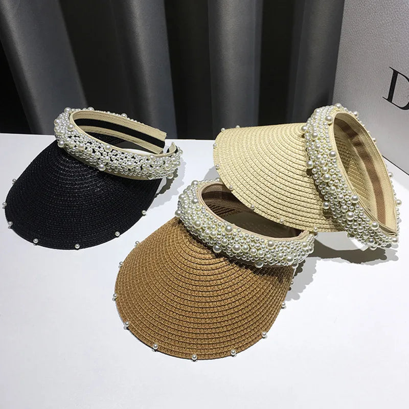 Wholesale New Design Female Visor Hat Handmade Empty Top Straw Pearl Hat Paper Summer Sun Travel Beach  Fashion Ladies Hats