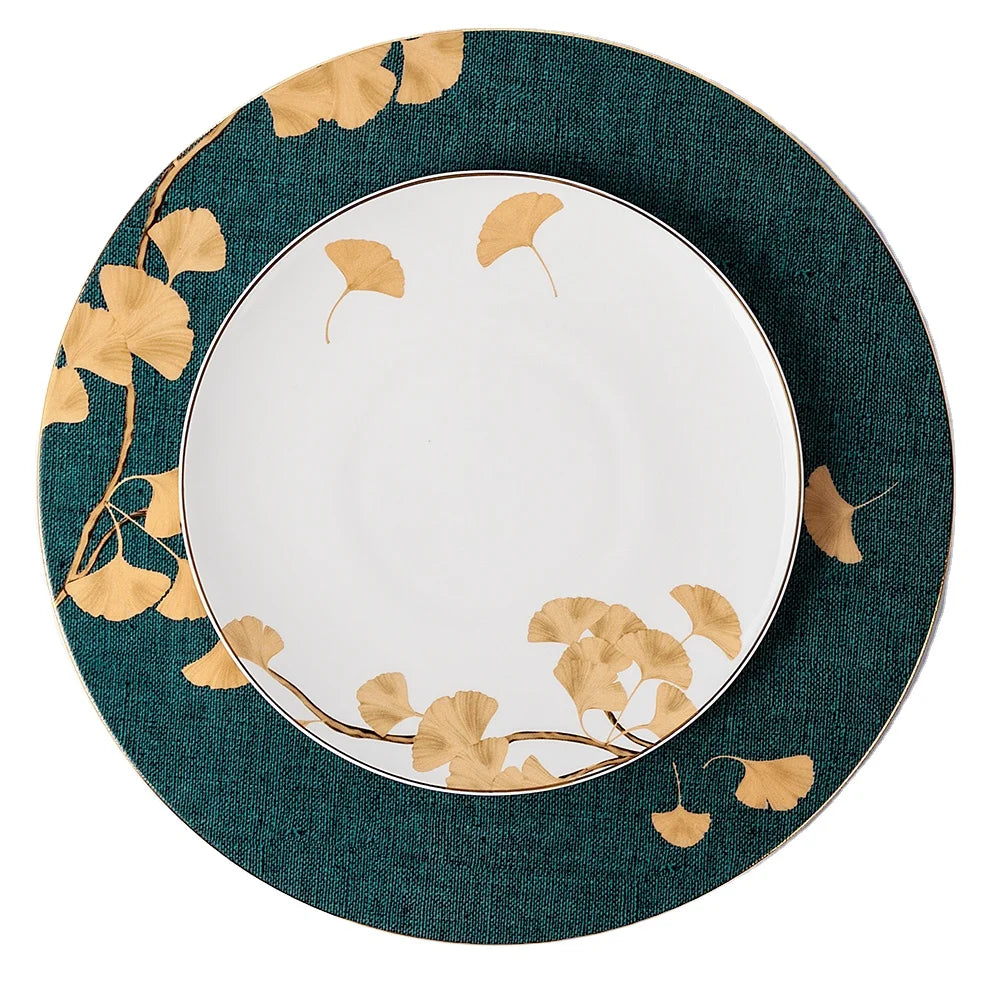 12 Inch Leaf Design Eco-Friendly Bone China Flat Round Ceramic Plate 100pcs MOQ for Hotels Restaurants Banquets