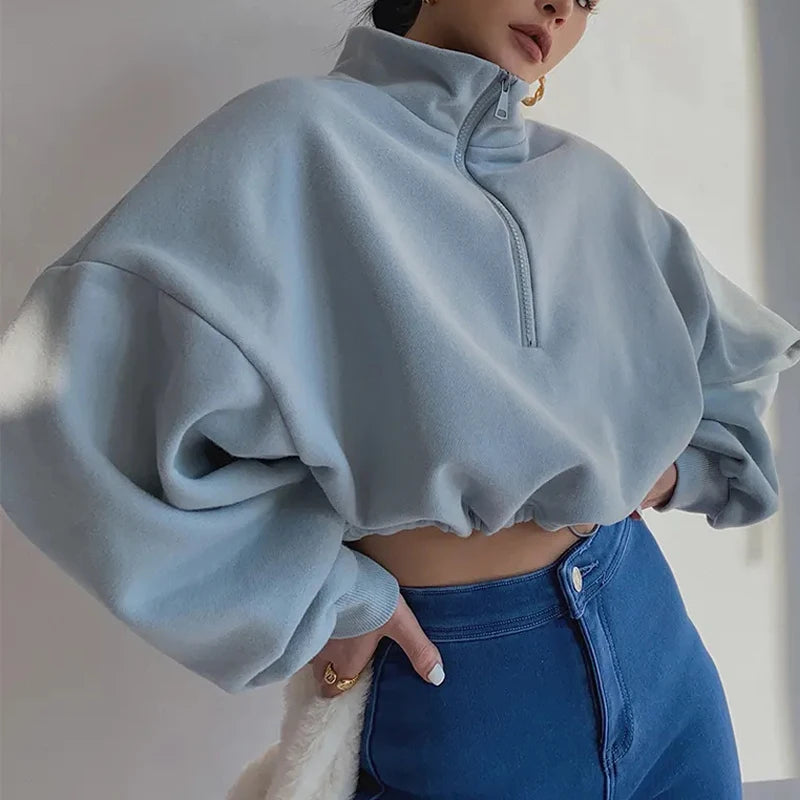 Casual Quarter Zip Cropped Sweatshirt Oversized Long Sleeve Pullover Jumper for Women Custom Cotton Half Zip Hoodie