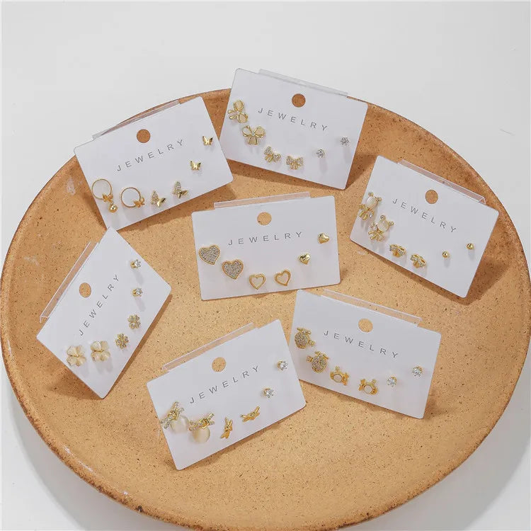 SP Popular Cute Needle Little Bear Unique Gold Plated Heart Shaped Zircon Stud Earring Set Wholesale