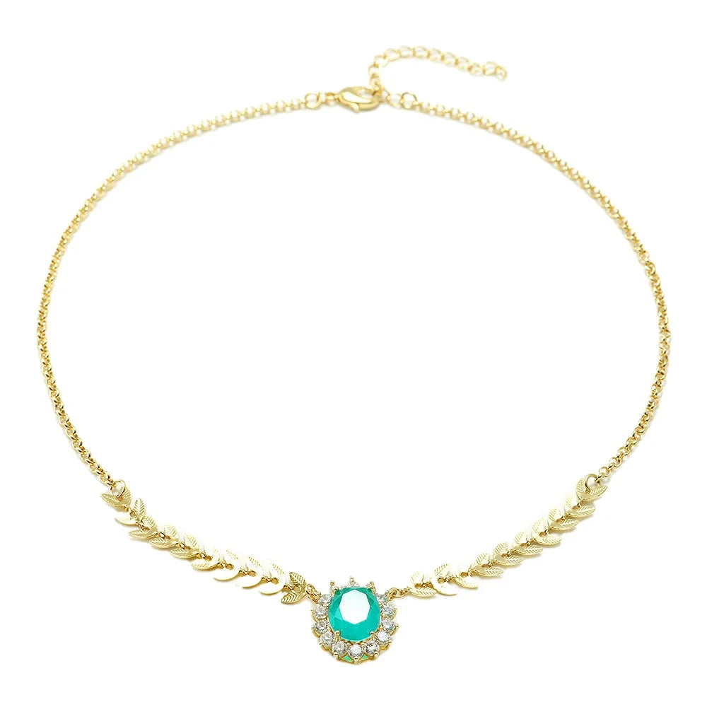 SY Vintage Cubic zircon carbon paraiba gemstone necklace with gold plated wheat chain gift jewelry