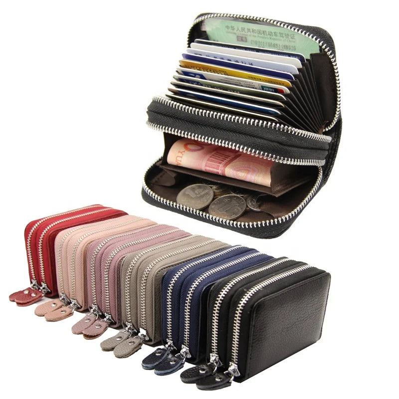 Genuine Cowhide Leather Wallet Ladies Card Holder RFID Blocking Large Capacity Double Zipper Card Holder Wallet for Women