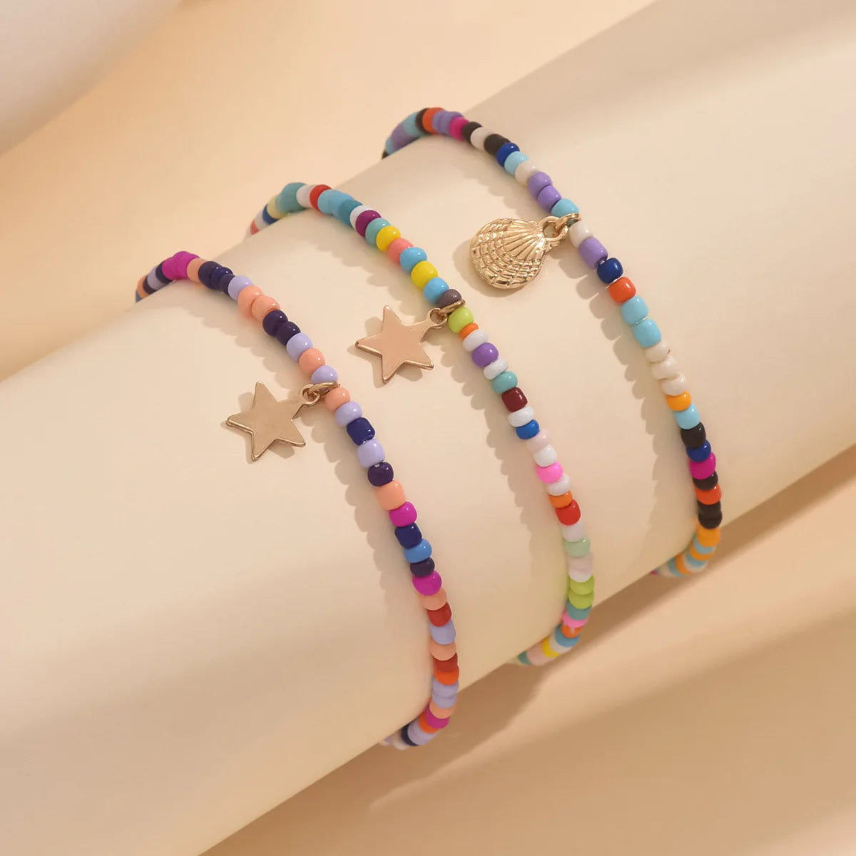Boho Handmade  Star Shell Charms Multicolor Stretch Seed Bead Rainbow Ankle Elastic Foot and Hand Chain Jewelry for Women