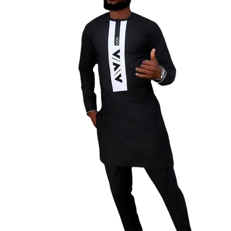 M-4XL New Casual Round Neck Long Sleeve Top Long Pants Set African Ethnic Style Two Piece Streetwear Set