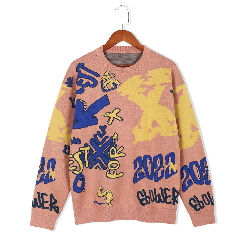 New Design Autumn Winter Loose Long Sleeved  O Neck  Jacquard Sweater Pullover