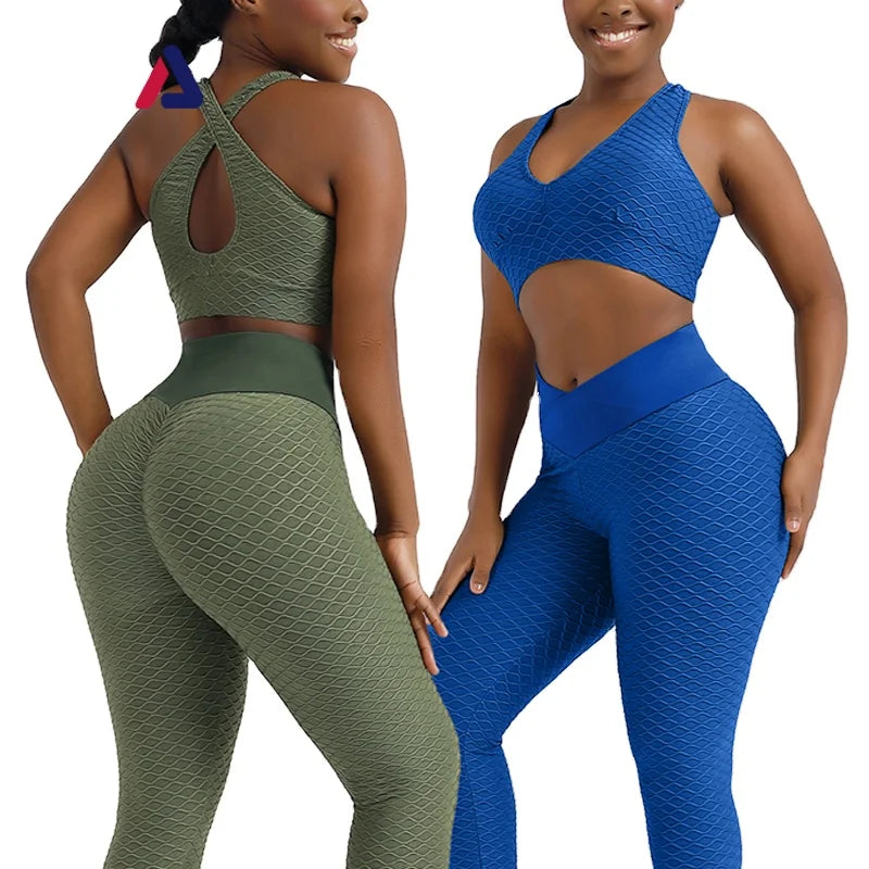 Hot Sale Lady European and American Jacquard Yoga Fitness Pants Suit Sports Running Women Yoga Set