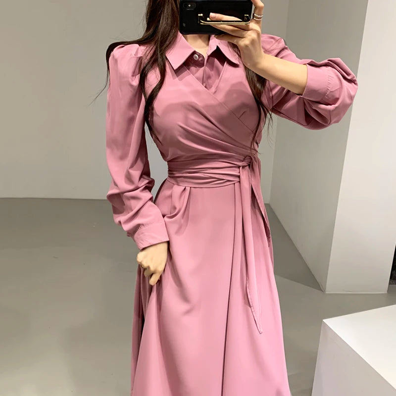 Wholesale 2026 Korean Chic Early Autumn French Elegant Lapel Cross Design Sense Straps Waist-over-knee Long-sleeved Dress
