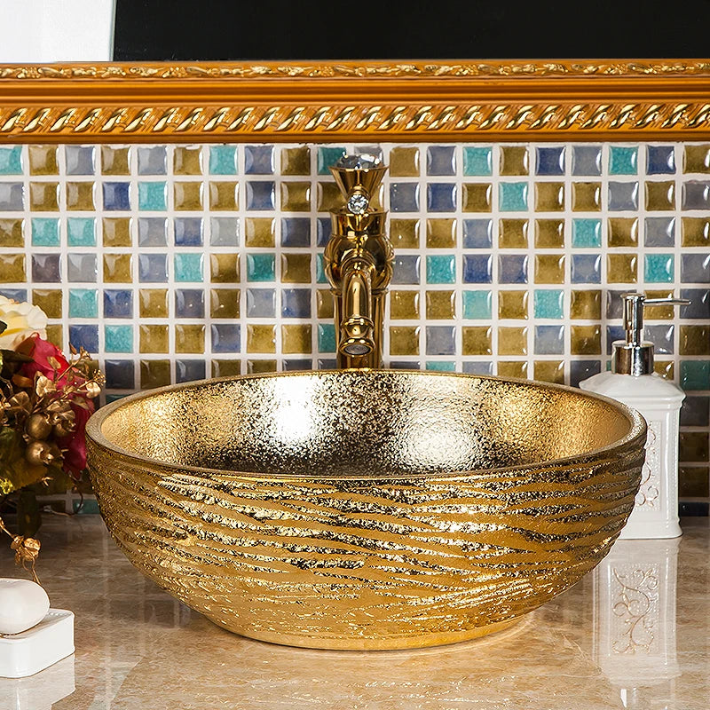Vessel Sink Luxury Washroom Wc Golden Color Table Top Easy Clean Pottery Round Bathroom Counter Above Ceramic Basin