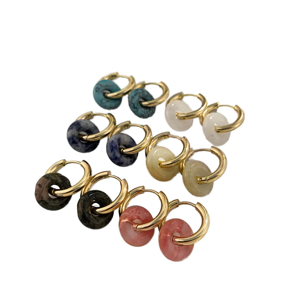 Colorful Natural Stone Hoop Earrings for Women round Stainless Steel with Gold Plating Trendy round Hoop for Gift