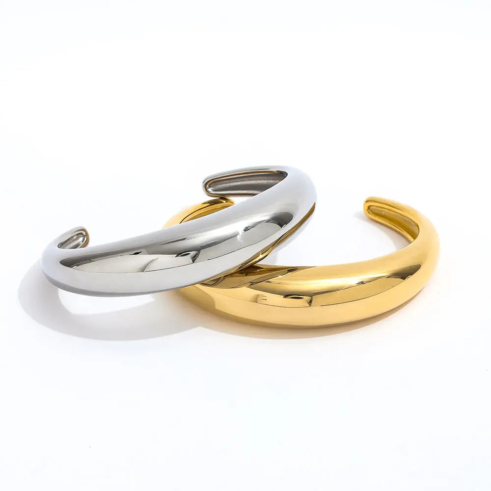 High End 18K PVD Gold Plated Tarnish Free Waterproof Crescent Moon C Cuff Chunky Bracelet Bangle Stainless Steel Jewelry