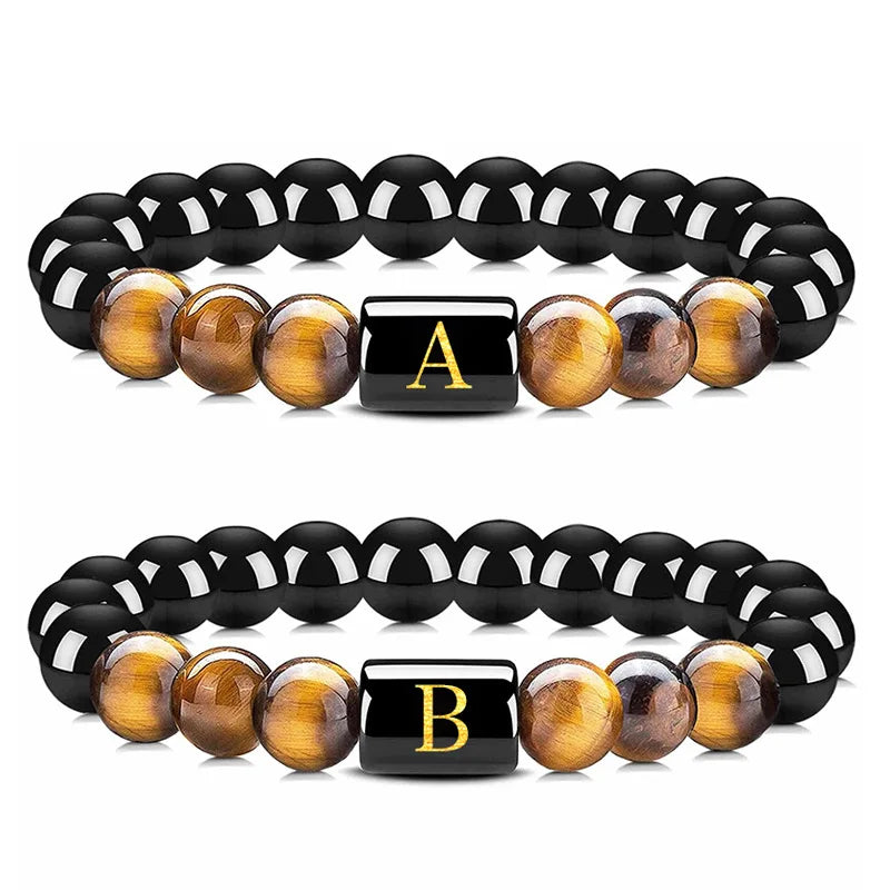26 English Letters Natural Stone Beads Bracelet Hand Natural tiger Eye Stone Beads Bracelet Obsidian Elastic Force Bracelet