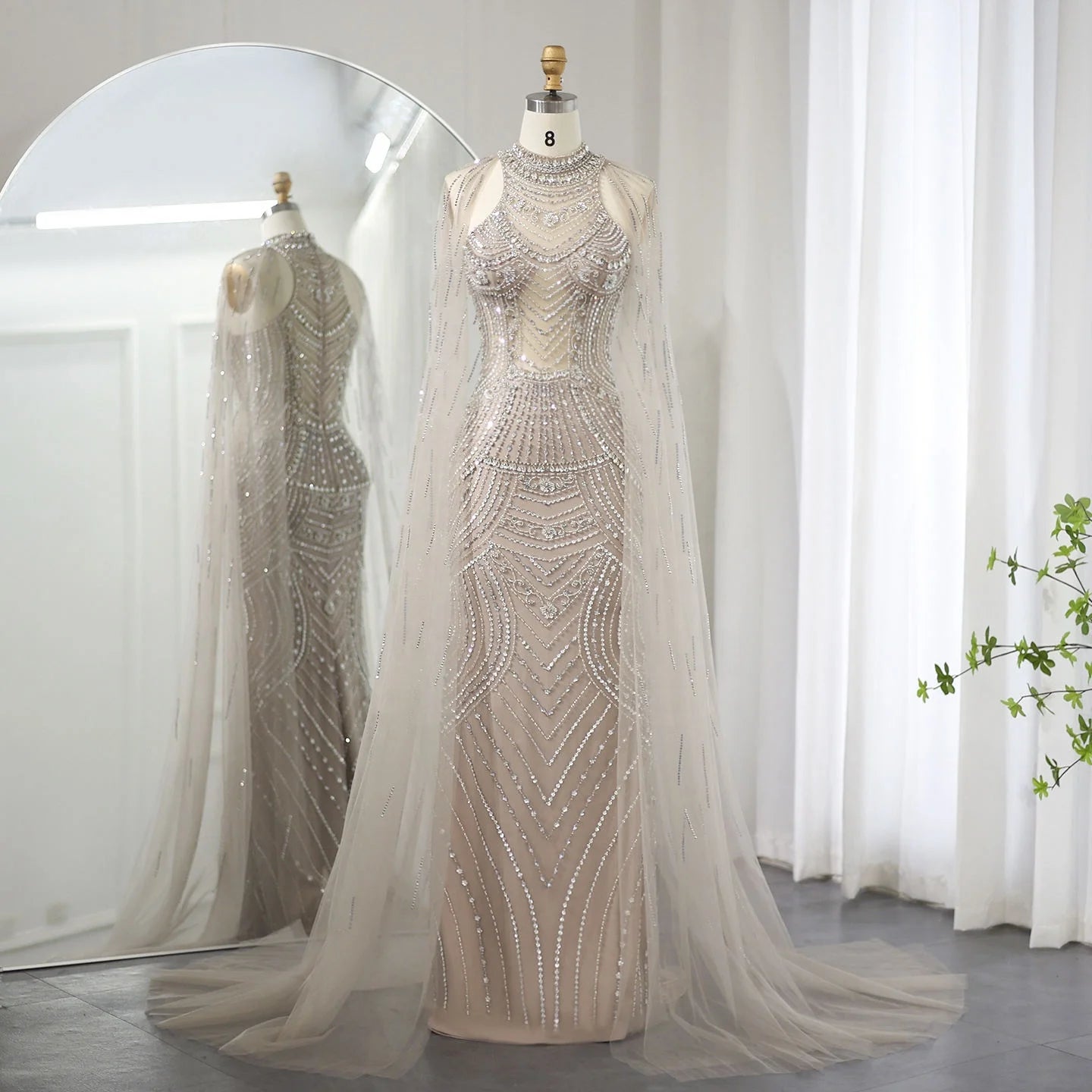 Jancember SZ230 Luxury Dubai Caramel Mermaid Evening Dresses With Cape Sleeves Elegant High Neck Wedding Formal Party Gowns