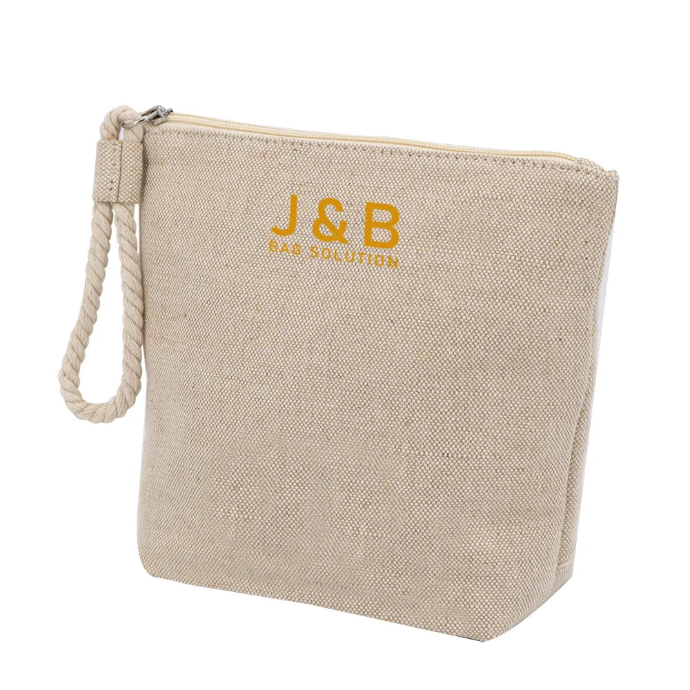 2021 Natural Bowl Shape Cotton Jute Canvas Makeup Skin Care Toiletry Bag With Cotton Rope Wrist Strip Logo Custom Gift