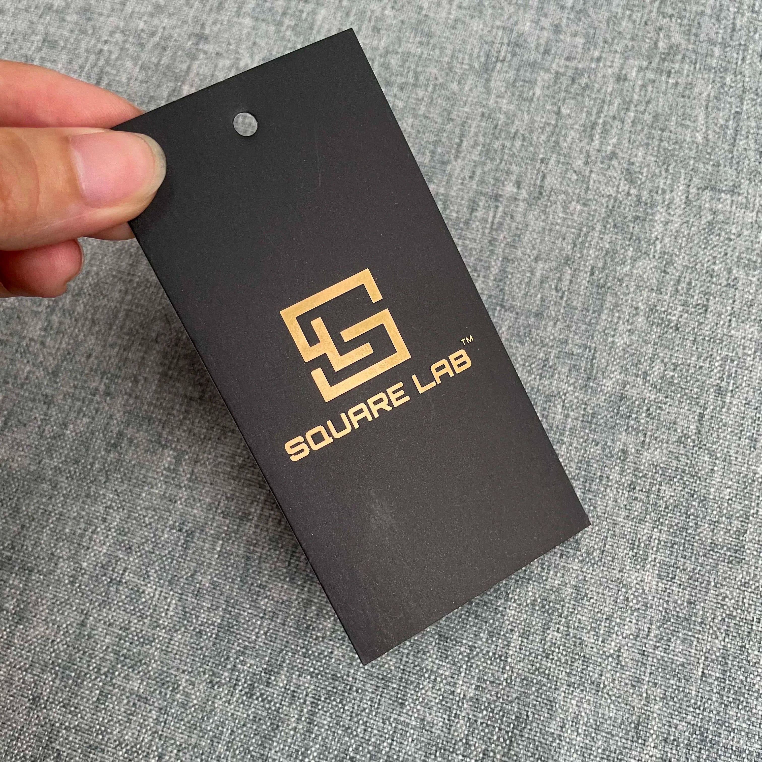Luxury Paper hang Tag Design Gold Foil logo Swing Tags Brand Name logo Black Cardboard Paper Tag