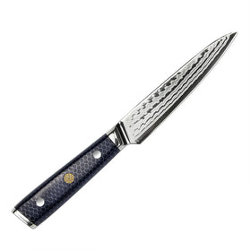 Amber 5 Inch Alligator Pattern AUS10V Damascus Steel Utility Knife with Honey Comb OliveWood Handle