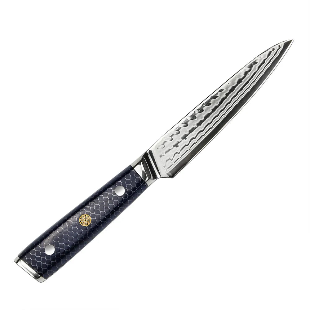 Amber 5 Inch Alligator Pattern AUS10V Damascus Steel Utility Knife with Honey Comb OliveWood Handle