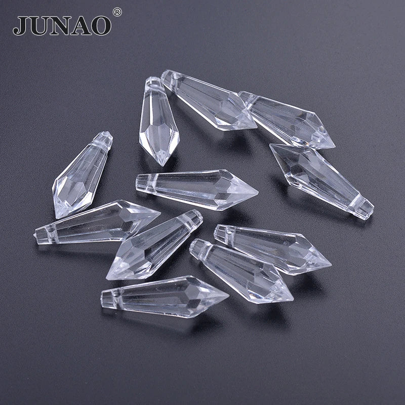 JUNAO Factory Wholesale 10*30mm Sew on Crystal Stones Drop Pendant Sewing Acrylic Beads Transparent Rhinestones for Decoration