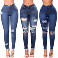Women Slim Skinny Pencil Pants Mid Waist Button Zippers Elastic Stretch Ripped Blue Denim Jeans Summer