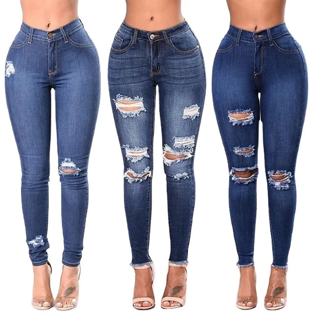 Women Slim Skinny Pencil Pants Mid Waist Button Zippers Elastic Stretch Ripped Blue Denim Jeans Summer