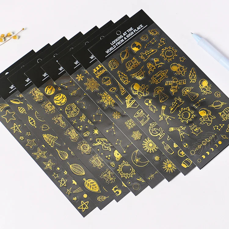 Custom PVC Gold Stamping Tower Space Leaves Snowflake Star Constellations Stickers for Decoration DIY Scrapbook Notebook Diary
