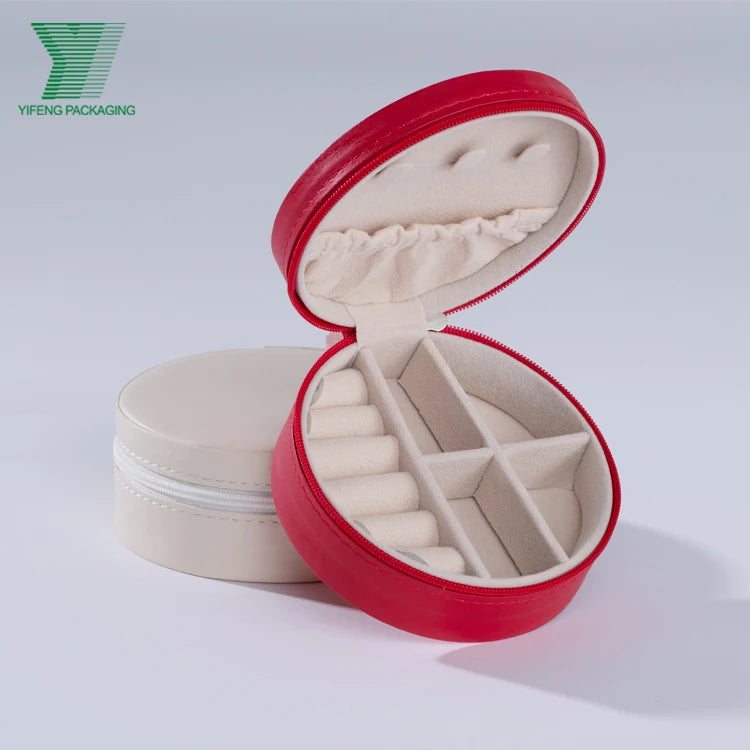 Custom Logo PU Leather Mini Lovely Travel Jewelry Case Packaging Necklace Earrings Rings Round Jewelry Box Organizer With Zipper