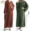 Loriya Latest Design Solid Color Two Pieces Set Modest Fashion Abaya Women Muslim Dress Premium Linen Robes Abaya Dubai 2024