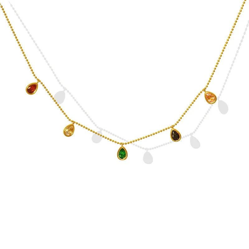 Fashion Ins Minimalist IP Plating Stainless Steel Colorful  Zircon Water Drop Pendant Necklace
