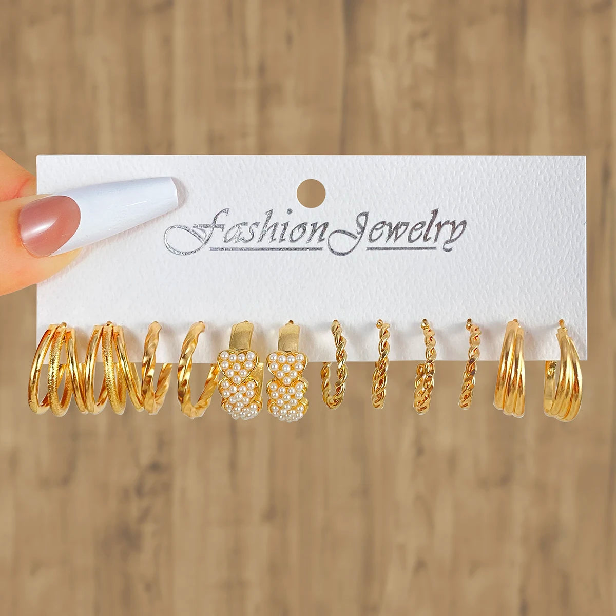 6Pcs/Set Fashion Pearl Heart Earrings Twisted Card Hoop Earrings for Women Jewelry