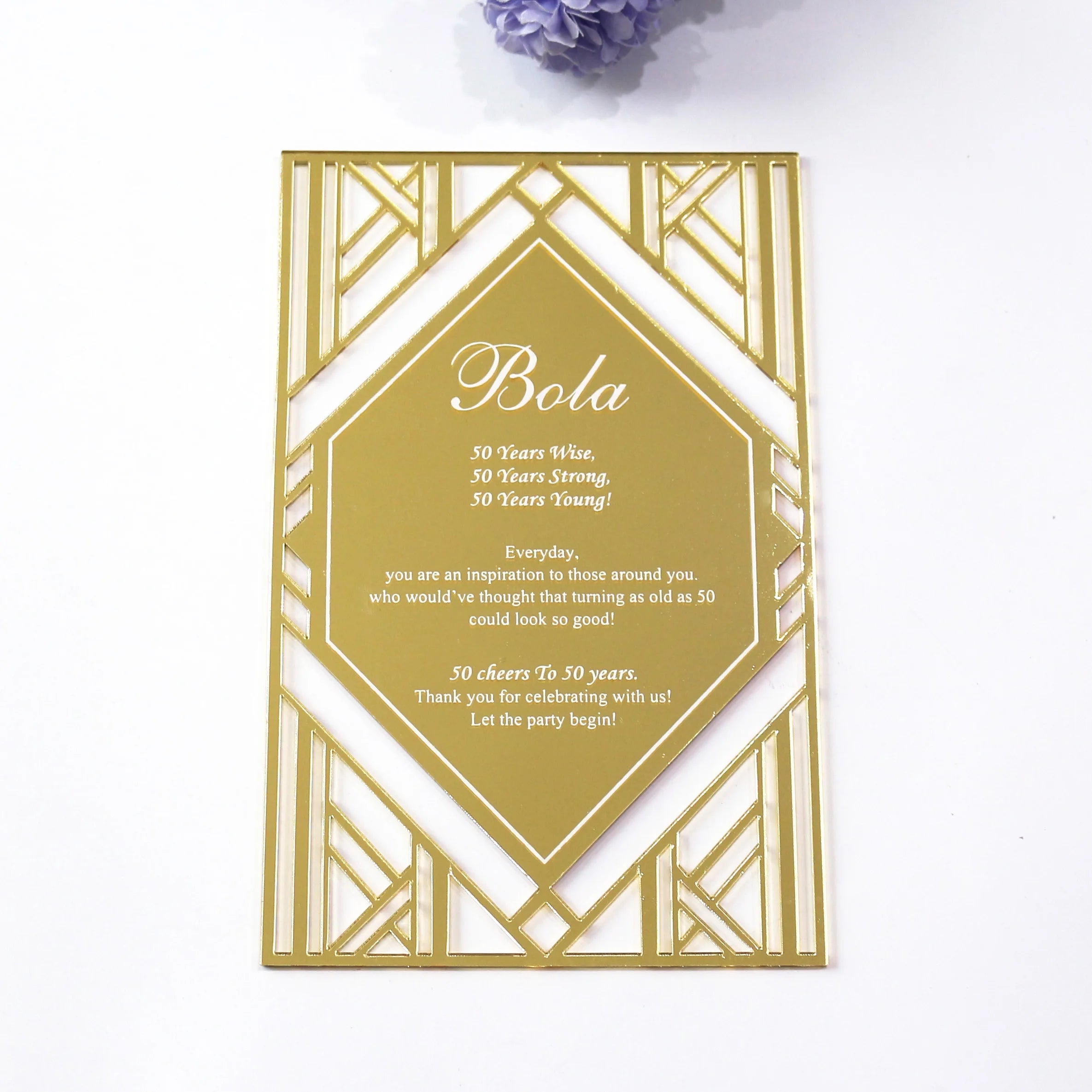 Gold Mirror Acrylic Toast Cards with Laser Cut Pattern and Foil White Text; Gold Mirror Acrylic Table Cards